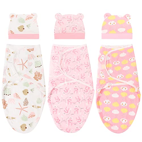 DRESHOW Newborn Swaddle Decke Hut Set Baby Gedruckt Swaddles Säugling Einstellbar Schlafsack für 0-3 Monate Mädchen Jungen von DRESHOW