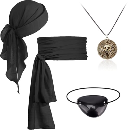 DRESHOW Piraten Kostüm Zubehör Damen Männer Kopftuch Halskette Schärpe Gürtel und Augenklappe Set für Halloween Cosplay Party von DRESHOW