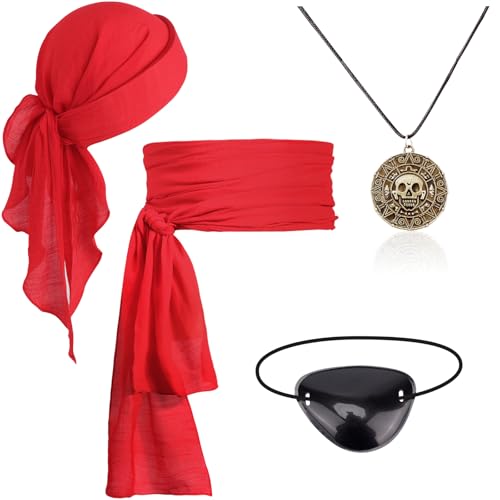 DRESHOW Piraten Kostüm Zubehör Damen Männer Kopftuch Halskette Schärpe Gürtel und Augenklappe Set für Halloween Cosplay Party von DRESHOW