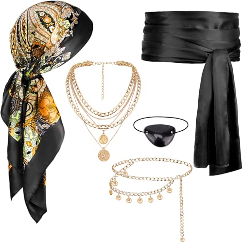 DRESHOW Piraten Kostüm Zubehör Damen Männer Kopftuch Halskette Schärpe Gürtel und Piratenschmuck Set für Halloween Cosplay Party von DRESHOW