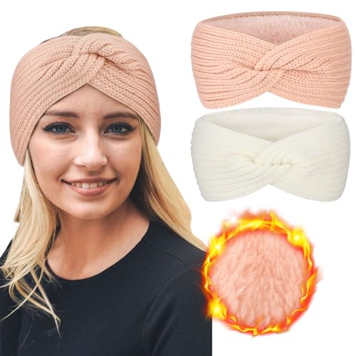 DRESHOW Damen Warm Gestricktes Stirnband Winter Ohrenwärmer Gehäkelte Kopfwickel Dickes Fleecefutter Haarbänder von DRESHOW