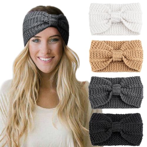 DRESHOW Stirnband Damen Winter Strick, Stirnband Mädchen, 4 Pcs Stirnbänder Strick, Haarband Ohrenwärmer Elastische, Herbst Und Winter Stirnband Damen von DRESHOW