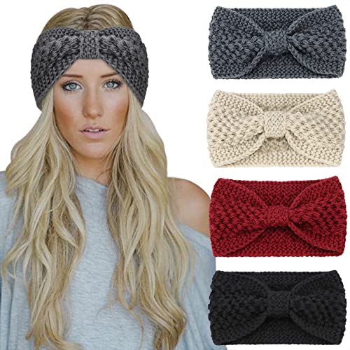 DRESHOW Stirnband Damen Winter 4 Stück Strick Ohrenwärmer Damen Verdicken Stirnbänder Mädchen Warm Gestrickte Haarband Headwrap Kopfband Warme Wintergeschenke, 4 Pack Stil 23-43 von DRESHOW