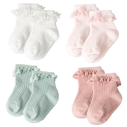 DRESHOW Säugling Rüschen Spitze Socken Baby Mädchen Socken Rutschfeste Schlichte Gerüschte Baby Söckchen Neugeborene Knöchel Kleid Taufe Socken von DRESHOW