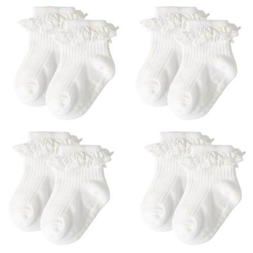 DRESHOW Baby Mädchen Socken Rutschfeste Schlichte Gerüschte Baby Söckchen Neugeborene Knöchel Kleid Taufe Socken - 4 Paar, Weiß, 1-3 Jahre, Female, Slipper Socken, Klassisch, Baumwollmischung von DRESHOW