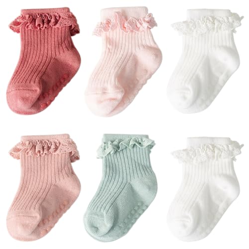 DRESHOW Säugling Rüschen Spitze Socken Baby Mädchen Socken Rutschfeste Schlichte Gerüschte Baby Söckchen Neugeborene Knöchel Kleid Taufe Socken von DRESHOW