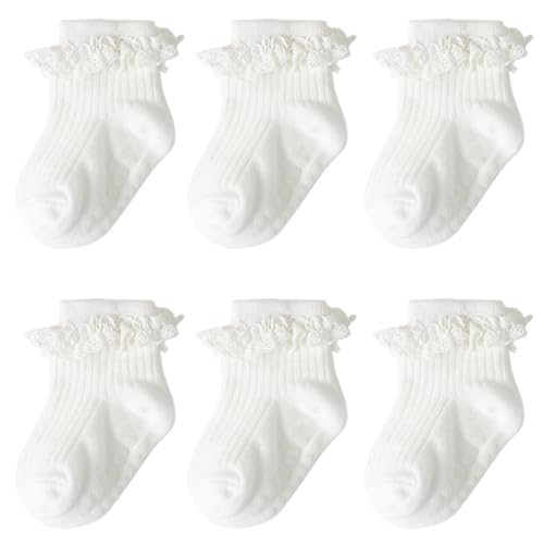 DRESHOW Säugling Rüschen Spitze Socken - Baby Mädchen Rutschfeste Schlichte Gerüschte Baby Söckchen für Neugeborene und Kleinkinder - Taufe Socken von DRESHOW