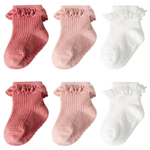 DRESHOW Säugling Rüschen Spitze Socken für Mädchen - Rutschfeste, Schlichte Gerüschte Baby Söckchen für Neugeborene und Kleinkinder - Taufe Socken von DRESHOW