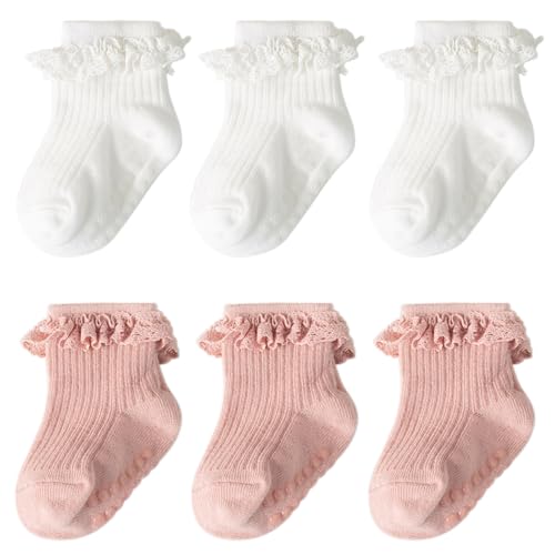 DRESHOW Säugling Rüschen Spitze Socken Baby Mädchen Socken Rutschfeste Schlichte Gerüschte Baby Söckchen Neugeborene Knöchel Kleid Taufe Socken von DRESHOW