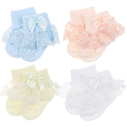 DRESHOW Säugling Spitze Schleife Socken Baby Rüschen Spitze Socken Neugeborene Kleinkinder Mädchen Socken Knöchel Kleid Socke von DRESHOW