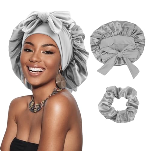 DRESHOW Satin Zopfhaube für Damen Seidenhaube zum Schlafen Schlafmütze mit Elastischem Band Nachtmütze für Lange Lockiges Haar Locs von DRESHOW