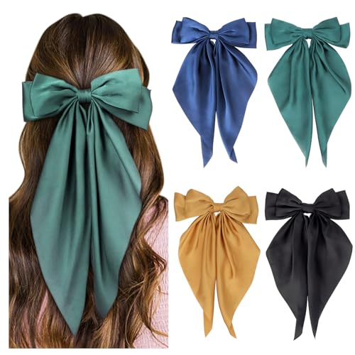 DRESHOW Schleife Haarspange 4 Stück Haarschleife Damen Große Satinband Bogenknoten Haarspangen Pferdeschwanzhalter für Frauen Mädchen von DRESHOW