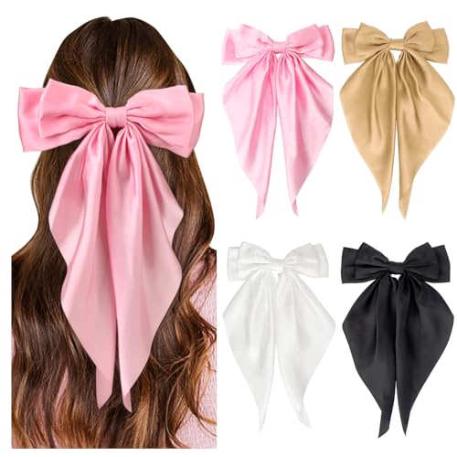DRESHOW Schleife Haarspange 4 Stück Haarschleife Damen Große Satinband Bogenknoten Haarspangen Pferdeschwanzhalter für Frauen Mädchen von DRESHOW