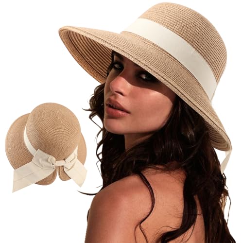 DRESHOW Sonnenhüte für Damen Reise Fedora Faltbarer Strand Sonnenhut Sommer Breite Krempe Stroh Eimer Hut mit Bowknot UPF 50+ von DRESHOW