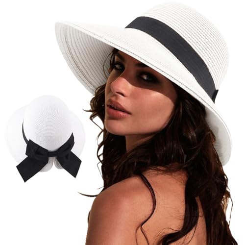 DRESHOW Sonnenhüte für Damen Reise Fedora Faltbarer Strand Sonnenhut Sommer Breite Krempe Stroh Eimer Hut mit Bowknot UPF 50+ von DRESHOW