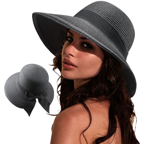 DRESHOW Sonnenhüte für Damen Reise Fedora Faltbarer Strand Sonnenhut Sommer Breite Krempe Stroh Eimer Hut mit Bowknot UPF 50+ von DRESHOW