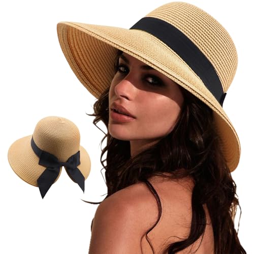 DRESHOW Sonnenhüte für Damen Reise Fedora Faltbarer Strand Sonnenhut Sommer Breite Krempe Stroh Eimer Hut mit Bowknot UPF 50+ von DRESHOW