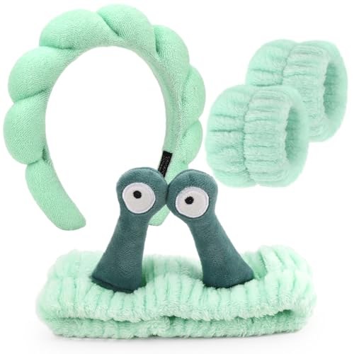 DRESHOW Spa Stirnband zum Waschen Gesicht Armband Schnecke Haare Bands Set Elastische Make Up Schwamm Weichem Frottee Hautpflege Rutschfest Stirnband Cartoon für Damen von DRESHOW