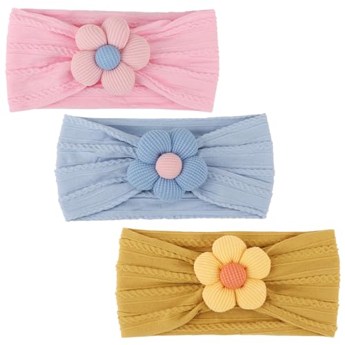 DRESHOW Stirnband Baby Mädchen Dehnbare Nylon Stirnbänder Handgefertigte Blumen Haarband for Neugeborene Kleinkinder Kinder 3 Stück von DRESHOW