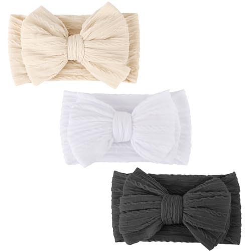 DRESHOW Stirnband Baby Mädchen Dehnbare Nylon Stirnbänder Handgefertigte Schleife Haarband for Neugeborene Kleinkinder Kinder 3 Stück von DRESHOW