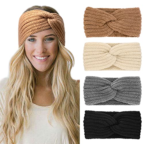 DRESHOW Stirnband Damen Winter 4 Stück Strick Ohrenwärmer Damen Verdicken Stirnbänder Mädchen Warm Gestrickte Haarband Headwrap Kopfband Warme Wintergeschenke von DRESHOW