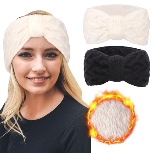 DRESHOW Stirnband Damen Winter Stirnbänder Strick, Haarband Ohrenwärmer, Dickes Fleecefutter Haarbänder Verdicken Headwrap Kopfband für Damen von DRESHOW