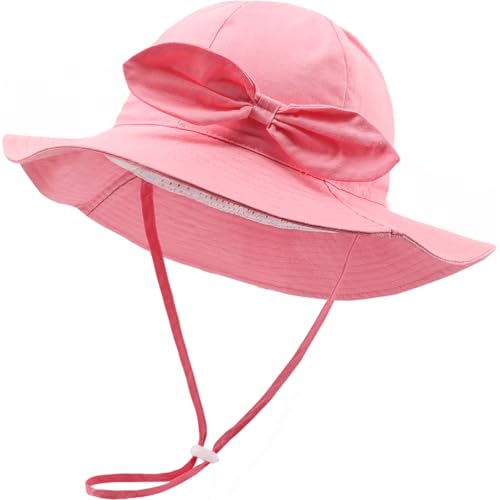 DRESHOW Unisex Baby Kleinkinder Sonnenhut Kappe Mütze mit Bogen Breite Krempe Fischerhut Strandhut Kinder Baby Sommerhut mit Kinnriemen UV Schutz UPF 50+ von DRESHOW