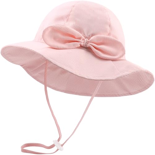 DRESHOW Unisex Baby Kleinkinder Sonnenhut Kappe Mütze mit Bogen Breite Krempe Fischerhut Strandhut Kinder Baby Sommerhut mit Kinnriemen UV Schutz UPF 50+ von DRESHOW