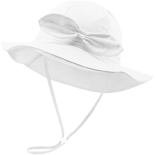 DRESHOW Unisex Baby Kleinkinder Sonnenhut Kappe Mütze mit Bogen Breite Krempe Fischerhut Strandhut Kinder Baby Sommerhut mit Kinnriemen UV Schutz UPF 50+ von DRESHOW