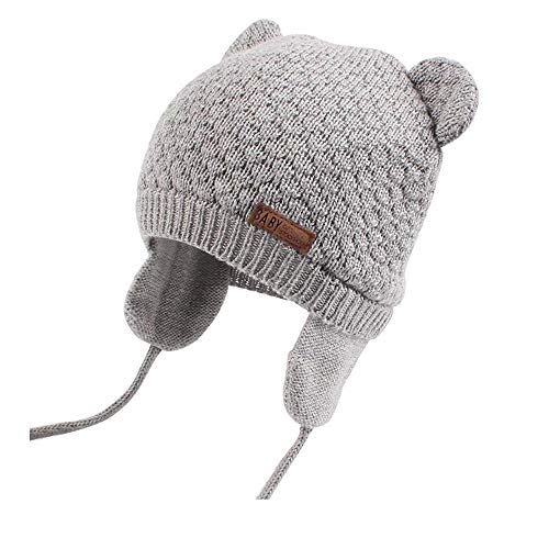 DRESHOW Unisex Baby Mütze Süßer Bär Kleinkind Earflap Beanie Strickmütze Warm Herbst Wintermütze, Grau, Gr.- 0-7 Monate/ Small von DRESHOW