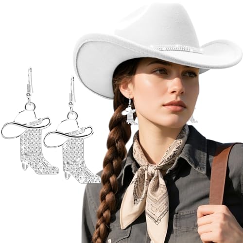 DRESHOW Western Cowboy Cowgirl Hut Stiefel Ohrringe Set Classic mit Glänzendem Strassband für Herren Damen Fedora Panamahut von DRESHOW