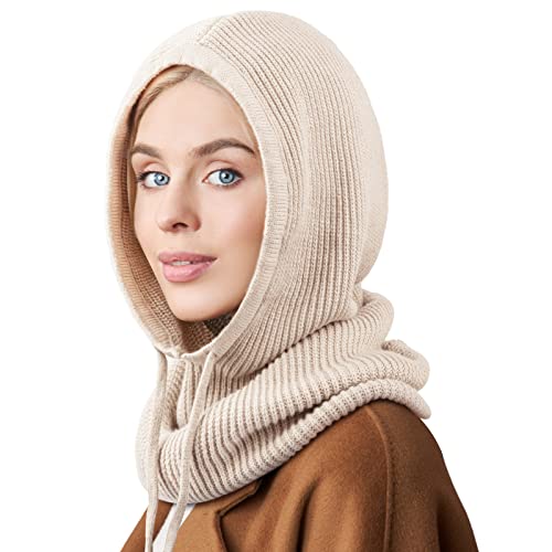 DRESHOW Wintermützen für Damen Balaclava Strickmütze Skull Cap mit Kordelzug Warmer Kapuzenschal Mütze von DRESHOW