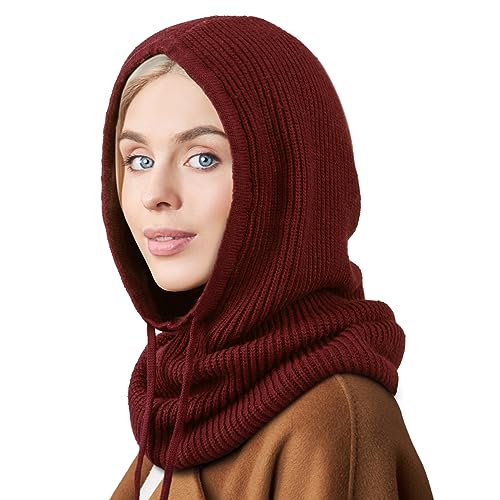 DRESHOW Wintermützen für Damen Balaclava Strickmütze Skull Cap mit Kordelzug Warmer Kapuzenschal Mütze von DRESHOW