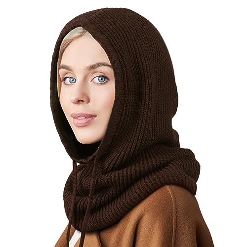 DRESHOW Wintermützen für Damen Balaclava Strickmütze Skull Cap mit Kordelzug Warmer Kapuzenschal Mütze von DRESHOW