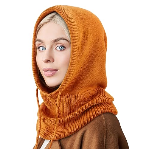 DRESHOW Wintermützen für Damen Balaclava Strickmütze Skull Cap mit Kordelzug Warmer Kapuzenschal Mütze von DRESHOW