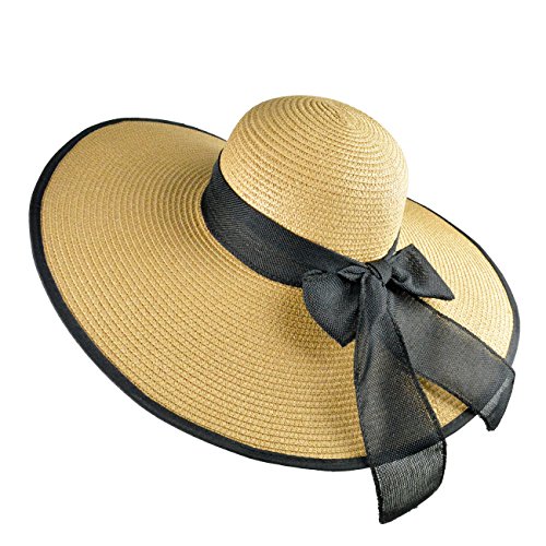 DRESHOW Womens Wide Brim Straw Hat Floppy Foldable Roll up Cap Beach Sun Hat UPF 50+ von DRESHOW