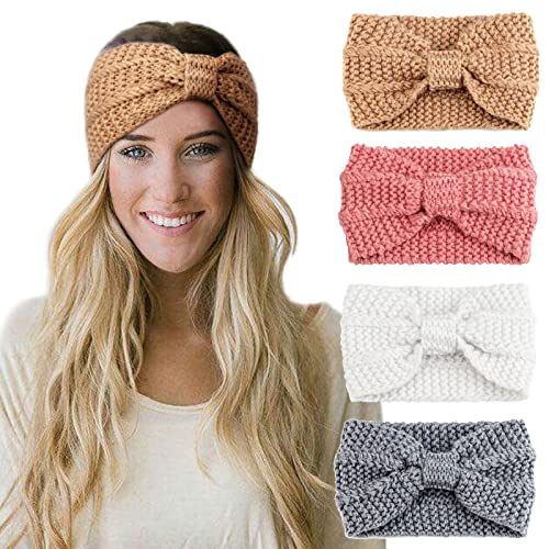 DRESHOW Stirnband Damen Winter 4 Stück Strick Ohrenwärmer Damen Verdicken Stirnbänder Mädchen Warm Gestrickte Haarband Headwrap Kopfband Warme Wintergeschenke, 4 Pack 38-4 von DRESHOW
