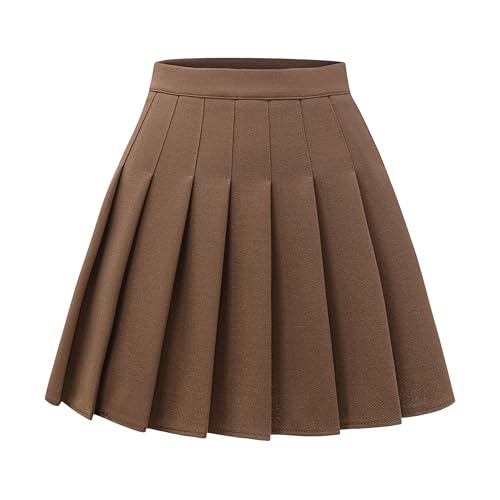 DRESS NICES Damen Faltenrock A-Linie Kurz Mini Basic Rock Schuluniform Cheerleader Röcke Skater Rock, Braun, X-Groß von DRESS NICES