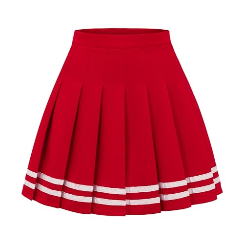 DRESS NICES Damen Faltenrock A-Linie Kurz Mini Basic Rock Schuluniform Cheerleader Röcke Skater Rock, Roter weißer Streifen, Klein von DRESS NICES