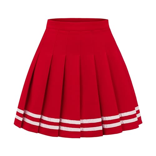 DRESS NICES Damen Faltenrock A-Linie Kurz Mini Basic Rock Schuluniform Cheerleader Röcke Skater Rock, Roter weißer Streifen, Mittel von DRESS NICES