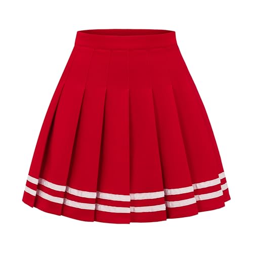 DRESS NICES Damen Faltenrock A-Linie Kurz Mini Basic Rock Schuluniform Cheerleader Röcke Skater Rock, Roter weißer Streifen, Mittel von DRESS NICES