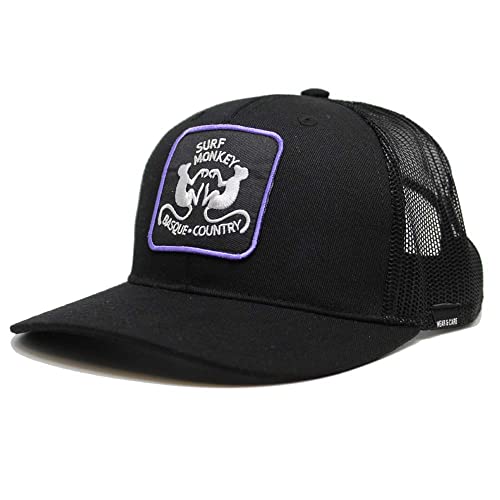 SURF MONKEY Trucker Cap Meliert - Gebogenes Visier - Verstellbare Snapback-Kappe - Bestickter Aufnäher für Damen und Herren, Schwarz , 55-61 von Surf Monkey