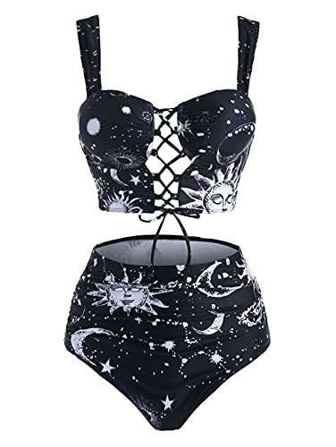 DRESSFO Bikini-Set für Damen, Zweiteiliger Badeanzug, hohe Taille, Bikini, Gothic, Sonne und Mond, Bauchkontrolle, Badeanzüge, Schwarz_3, Large von DRESSFO