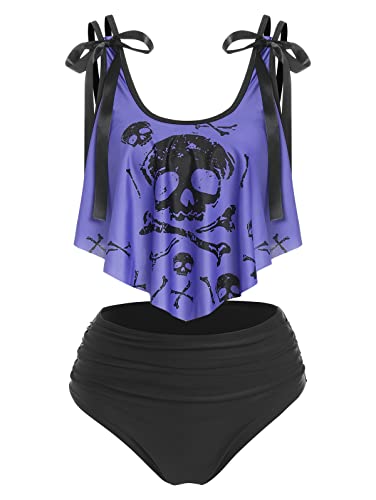 DRESSFO Damen-Bikini-Set, hohe Taille, Zweiteiliger Badeanzug, Bauchkontrolle, Tankini, Gothic-Totenkopf-Badeanzug, Helles Violett, Large von DRESSFO