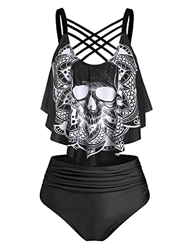 DRESSFO Damen-Bikini-Set, hohe Taille, Zweiteiliger Badeanzug, Bauchkontrolle, Tankini, Gothic-Totenkopf-Badeanzug, Schwarz, Large von DRESSFO