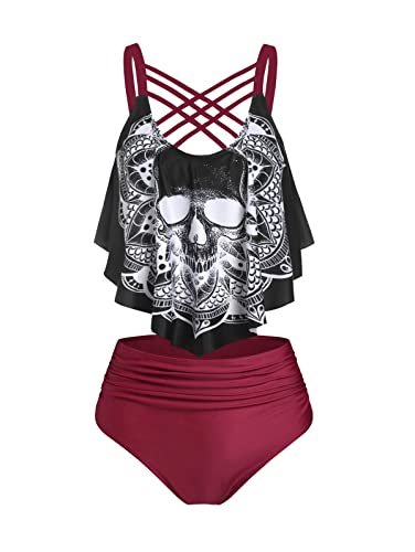 DRESSFO Damen-Bikini-Set, hohe Taille, Zweiteiliger Badeanzug, Bauchkontrolle, Tankini, Gothic-Totenkopf-Badeanzug, Schwarz Rot, Large von DRESSFO