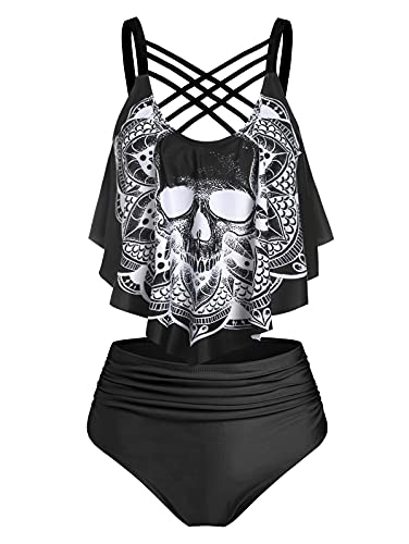 DRESSFO Damen-Bikini-Set, hohe Taille, zweiteiliger Badeanzug, Bauchkontrolle, Tankini, Gothic-Totenkopf-Badeanzug, Schwarz, 3X von DRESSFO