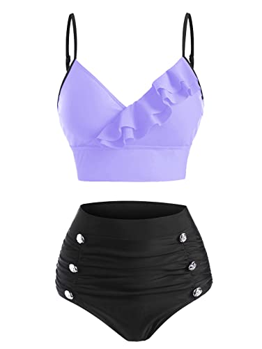 DRESSFO Damen Hohe Taille Bikini Sets Zweiteilig Gepolstert Retro Bauchweg Badeanzug V Ausschnitt Ruched Vintage Badeanzug, Violett_1, XL von DRESSFO