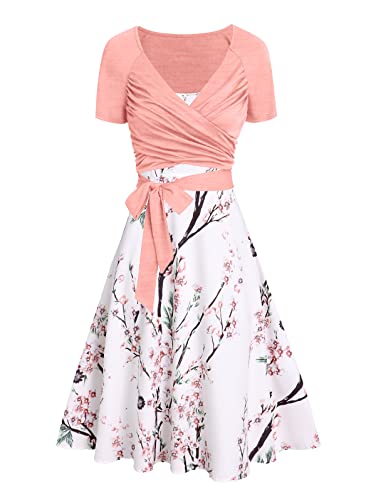 DRESSFO Damen Kurzarm Blumen Sommerkleid Ärmellos Flare Sommerkleid Taille Krawatte Freizeitkleider, Hellrosa_1, Groß von DRESSFO