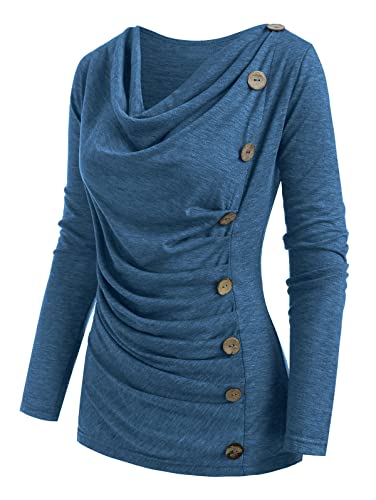 Damen 2 in 1 Langarm Casual Tops U-Ausschnitt Rüschenhemden Cinched Tie Faux Twinset T-Shirt, Blue_1, X-Groß von DRESSFO